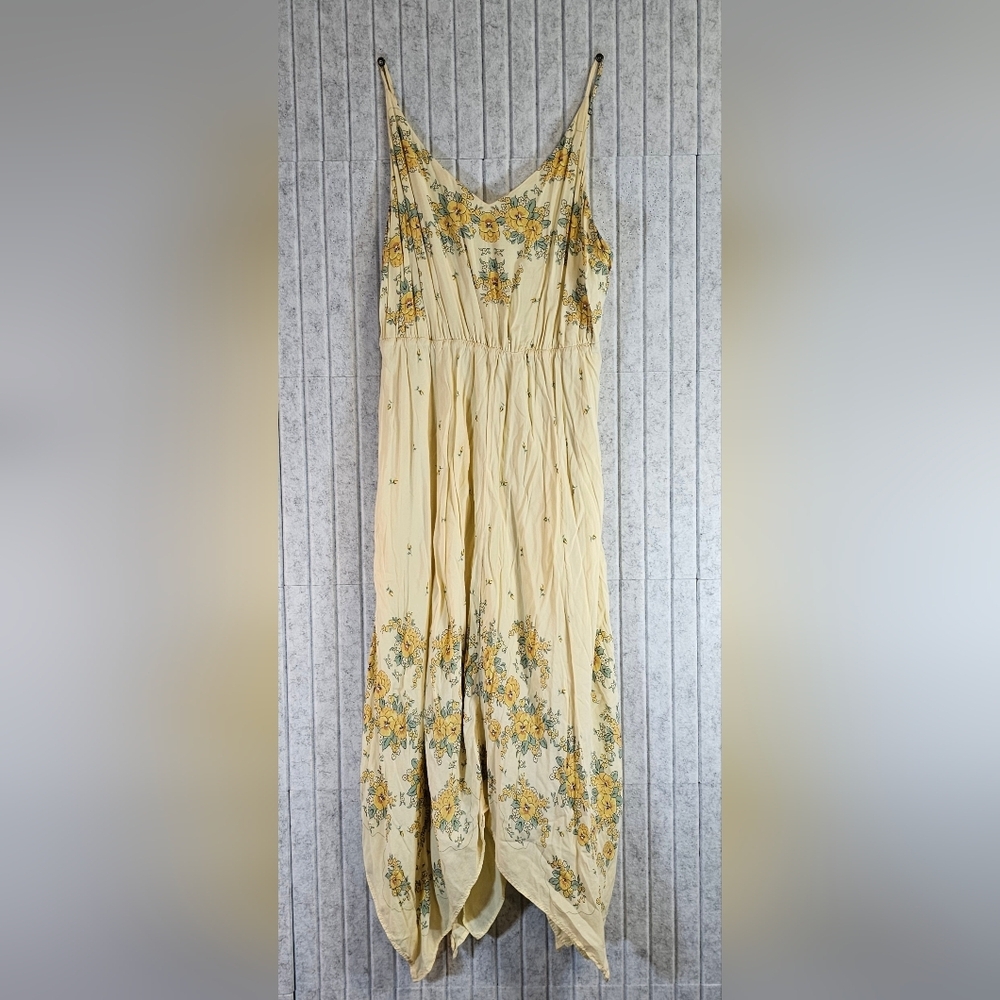 Urban Outfitters Yellow Floral Maxi Dress Large Boho Handkerchief Hem